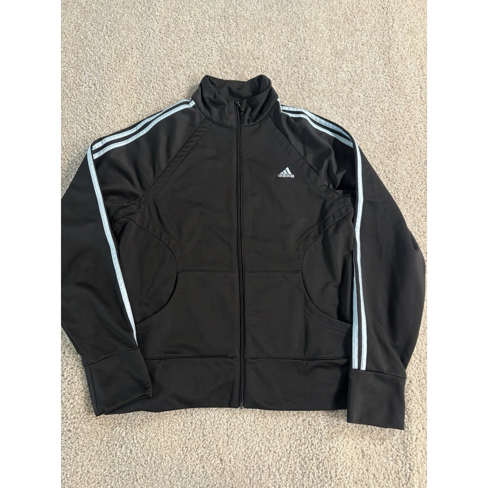 Adidas Women's Track Jacket Size L Black Light Blue 3-Stripe Full Zip Athletic